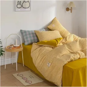 100% Cotton 3pcs Plaid Duvet Cover Sets,Grid Geometric Pattern Printed Comforter Cover,with Zipper Closure & Corner Ties,Bed Set (B Twin)