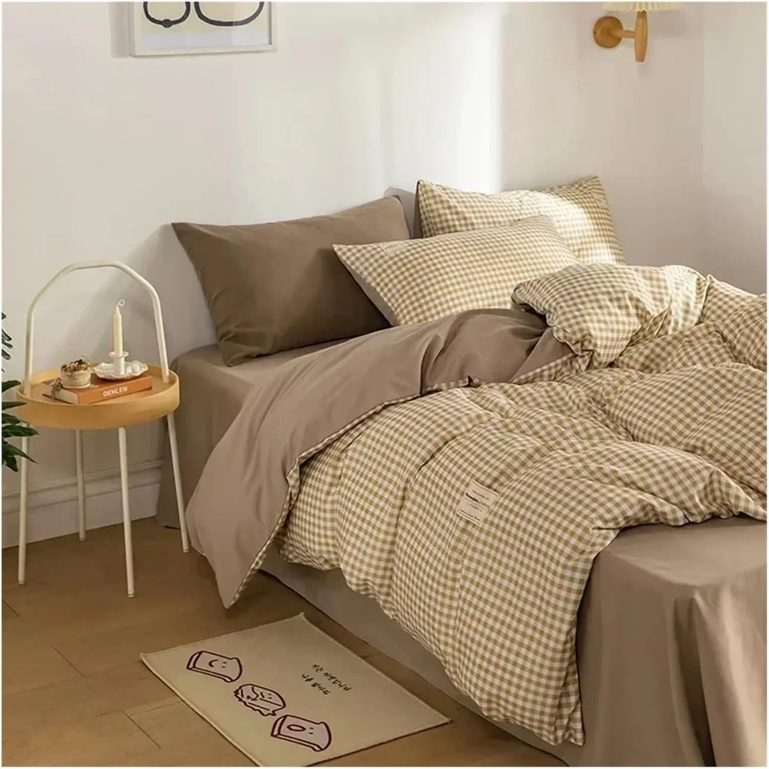 100% Cotton 3pcs Plaid Duvet Cover Sets,Grid Geometric Pattern Printed Comforter Cover,with Zipper Closure & Corner Ties,Bed Set (B Twin)