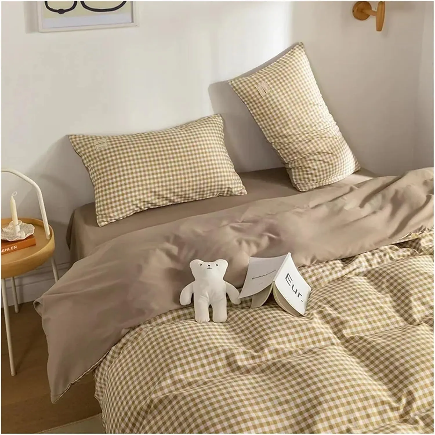 100% Cotton 3pcs Plaid Duvet Cover Sets,Grid Geometric Pattern Printed Comforter Cover,with Zipper Closure & Corner Ties,Bed Set (B Twin)