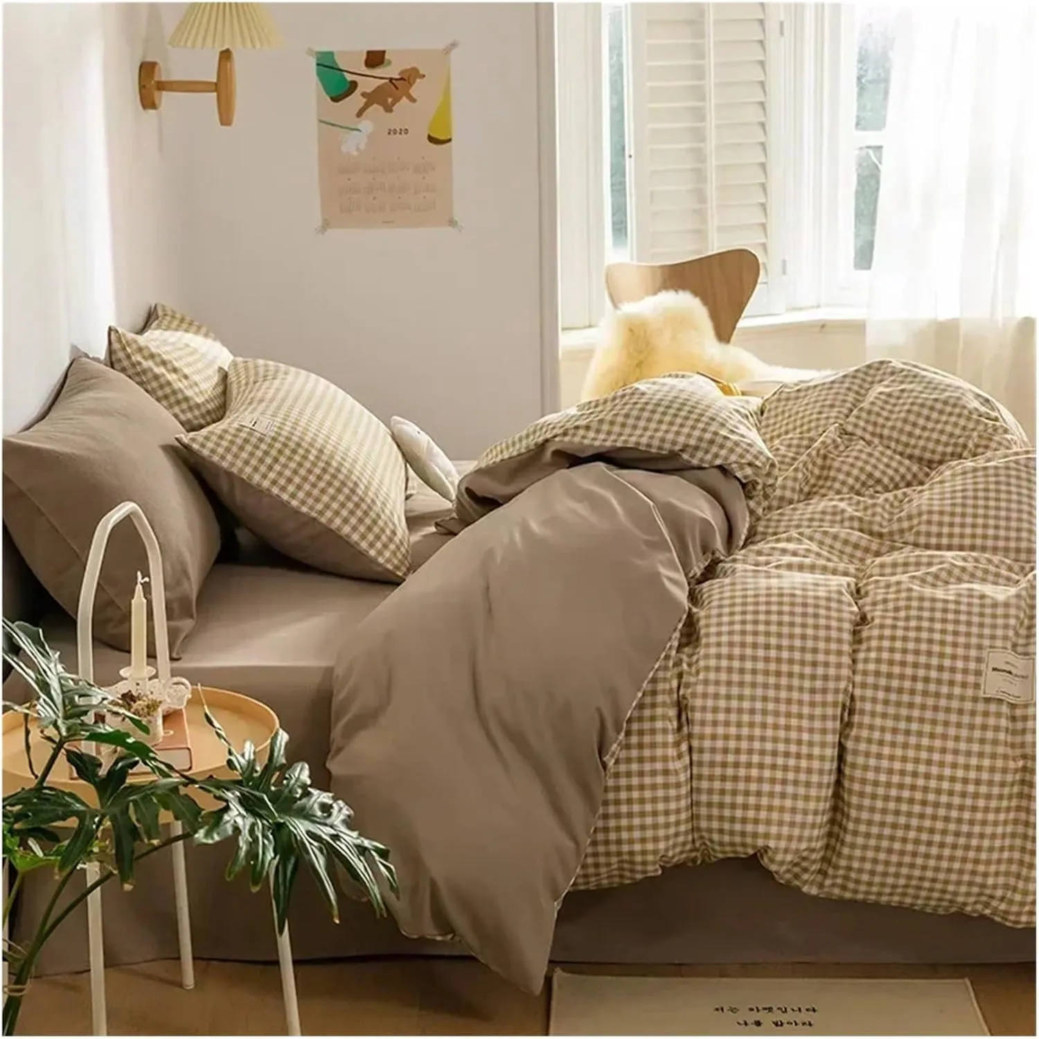 100% Cotton 3pcs Plaid Duvet Cover Sets,Grid Geometric Pattern Printed Comforter Cover,with Zipper Closure & Corner Ties,Bed Set (B Twin)