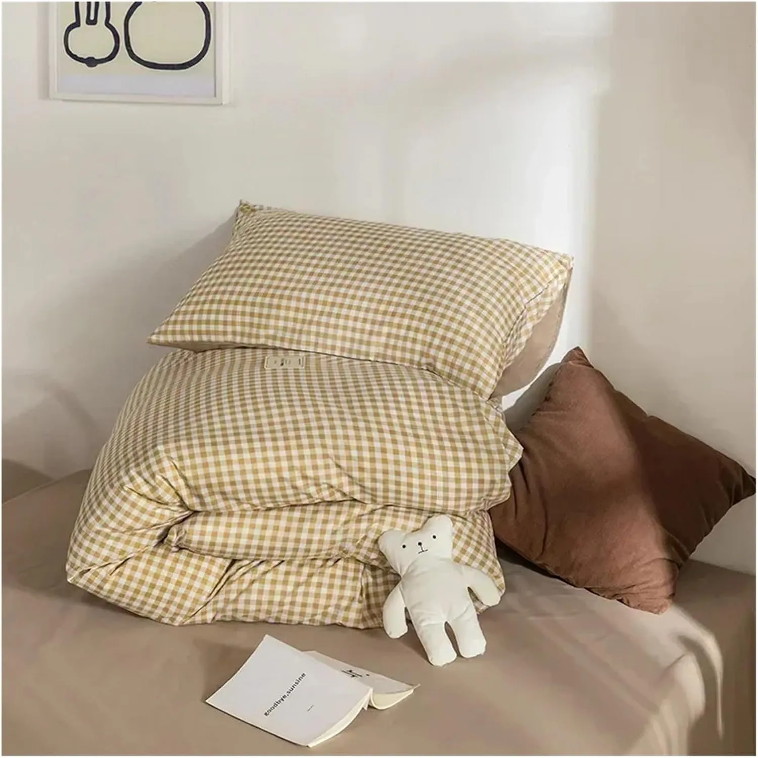 100% Cotton 3pcs Plaid Duvet Cover Sets,Grid Geometric Pattern Printed Comforter Cover,with Zipper Closure & Corner Ties,Bed Set (B Twin)