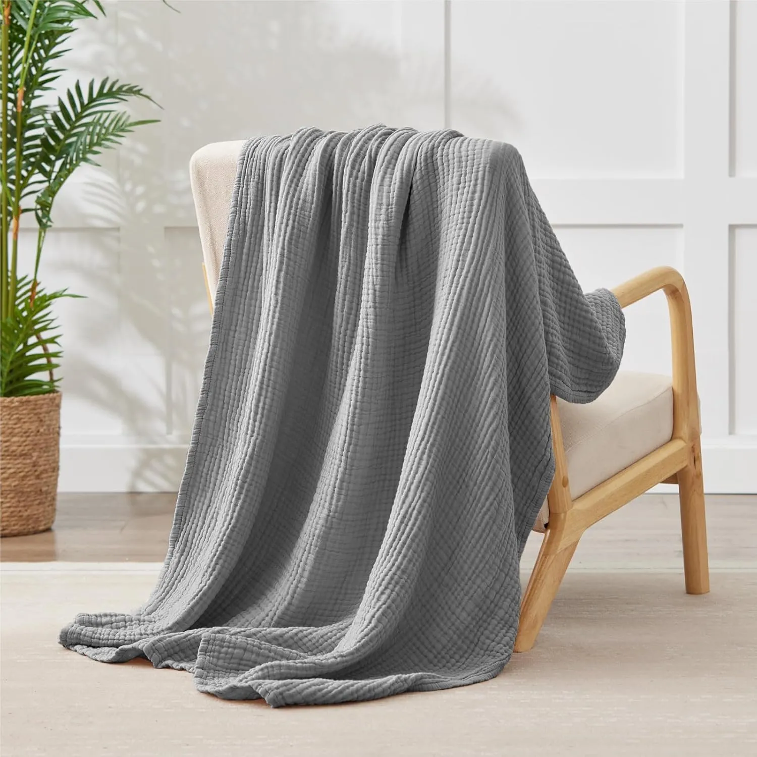 100% Cotton Muslin Blanket Large 50" x 70", 6 Layers Breathable and Lightweight Cotton Throw Blanket for Couch, Soft Quilt Bedspread, Gauze Blanket for Adults All Season, Grey