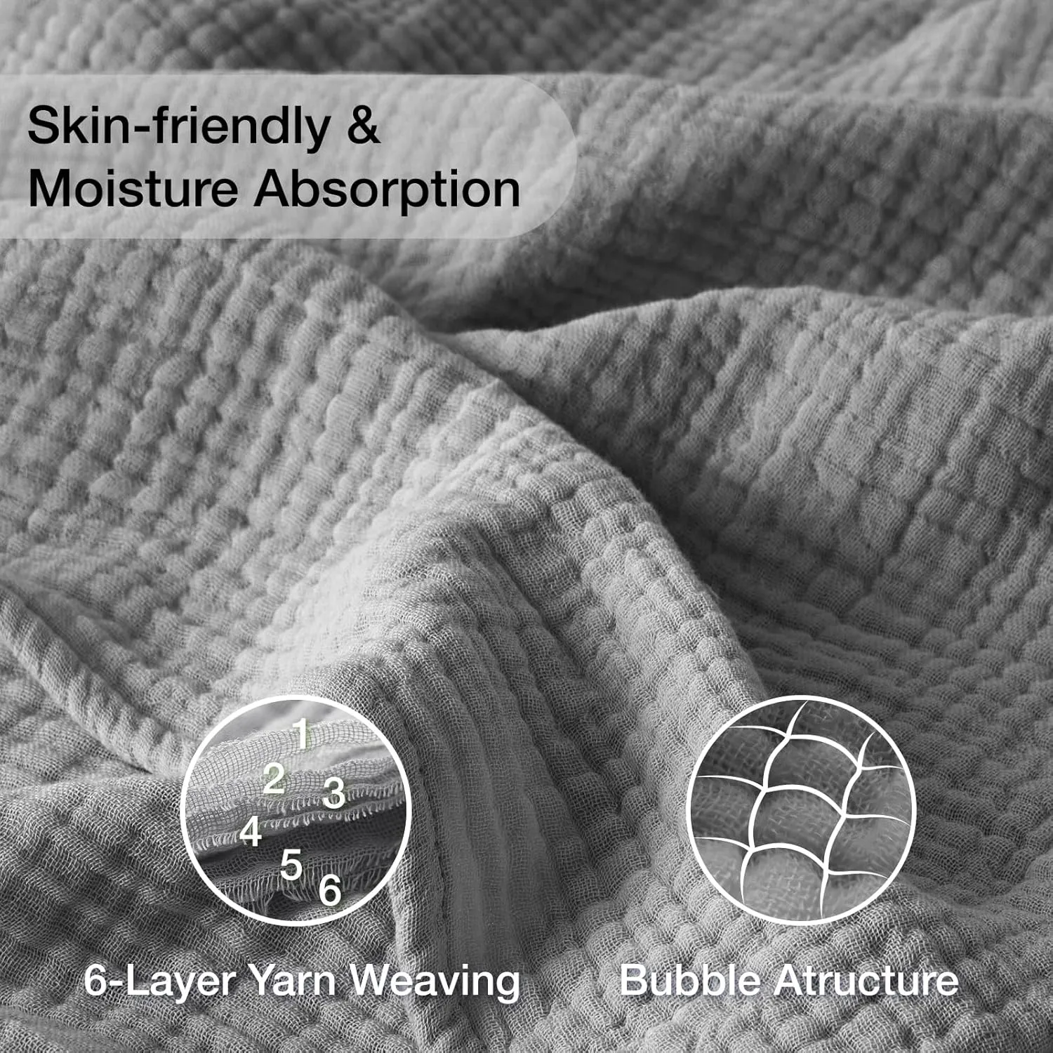 100% Cotton Muslin Blanket Large 50" x 70", 6 Layers Breathable and Lightweight Cotton Throw Blanket for Couch, Soft Quilt Bedspread, Gauze Blanket for Adults All Season, Grey