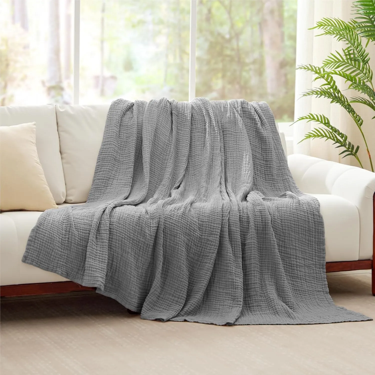100% Cotton Muslin Blanket Large 50" x 70", 6 Layers Breathable and Lightweight Cotton Throw Blanket for Couch, Soft Quilt Bedspread, Gauze Blanket for Adults All Season, Grey