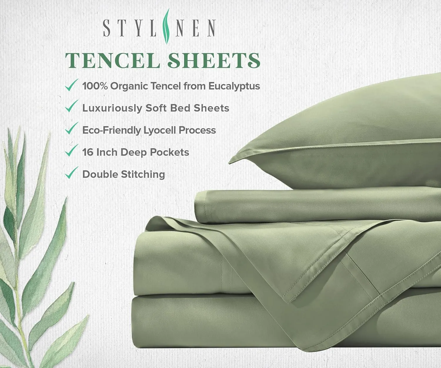 100% Organic Eucalyptus Bed Sheets King Size 4 Piece Set, Tencel Lyocell, Silky Soft & Smooth, Breathable, 16 Inch Deep Pockets, 1 Fitted, 1 Flat, 2 Pillowcases (King, Sage)