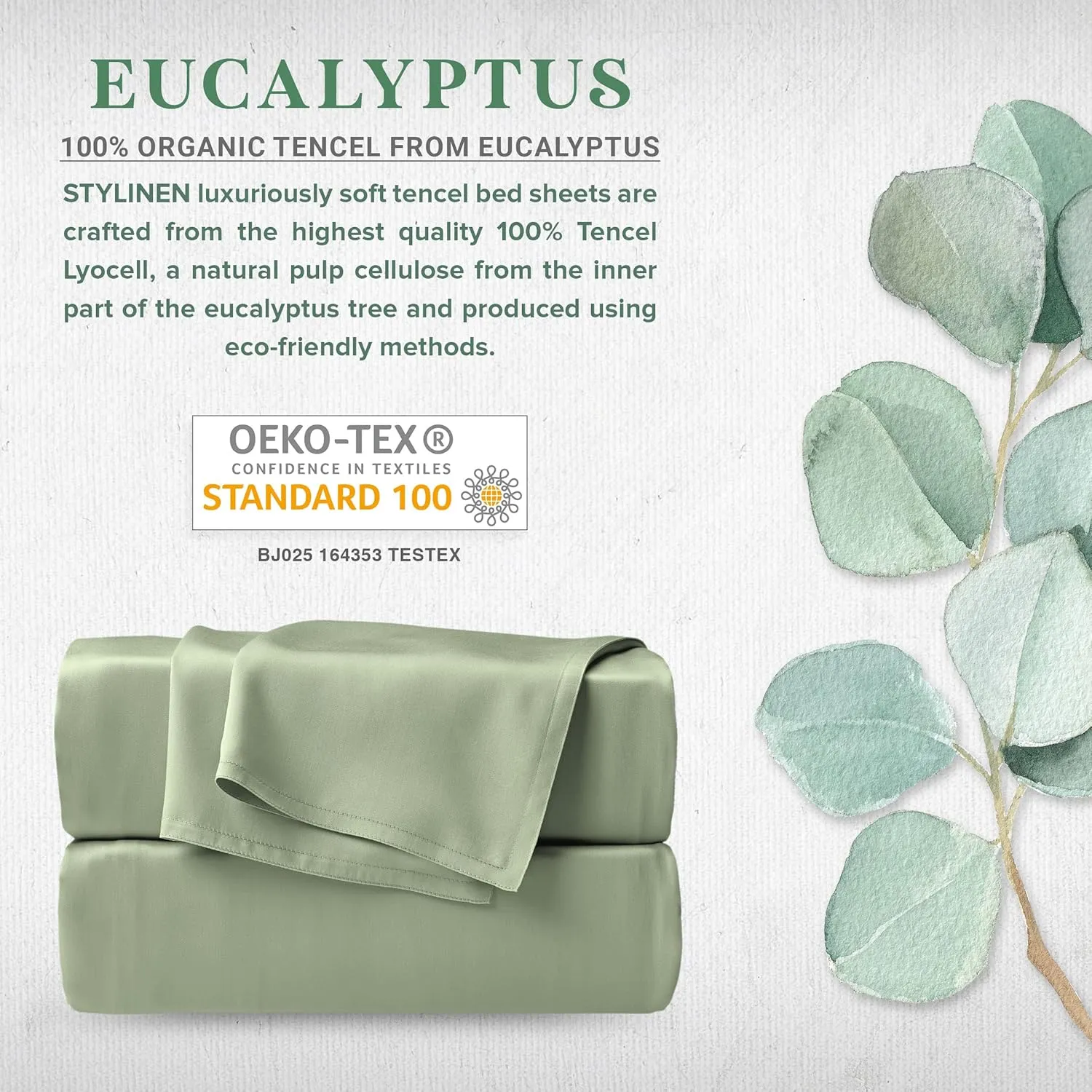 100% Organic Eucalyptus Bed Sheets King Size 4 Piece Set, Tencel Lyocell, Silky Soft & Smooth, Breathable, 16 Inch Deep Pockets, 1 Fitted, 1 Flat, 2 Pillowcases (King, Sage)