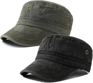 2 Pack Men's Cotton Military Caps Cadet Army Caps Vintage Flat Top Cap