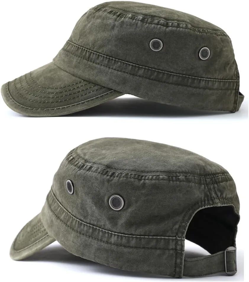 2 Pack Men's Cotton Military Caps Cadet Army Caps Vintage Flat Top Cap