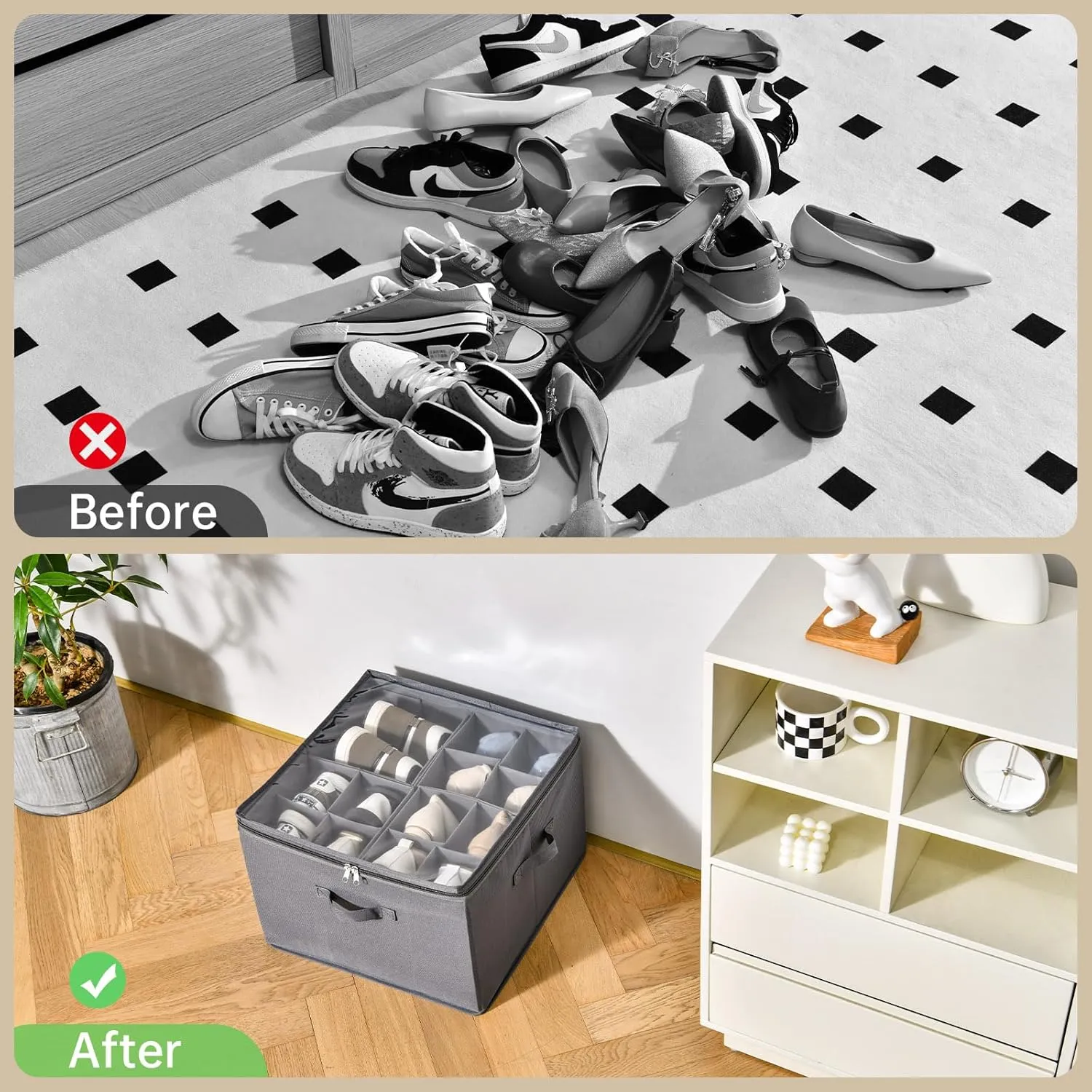 2 Pack Shoe Organizer for Closet,Fits up to 32 Pairs,Adjustable Dividers for Shoe Storage,Fabric Shoe Storage Bins with Clear Cover,Grey