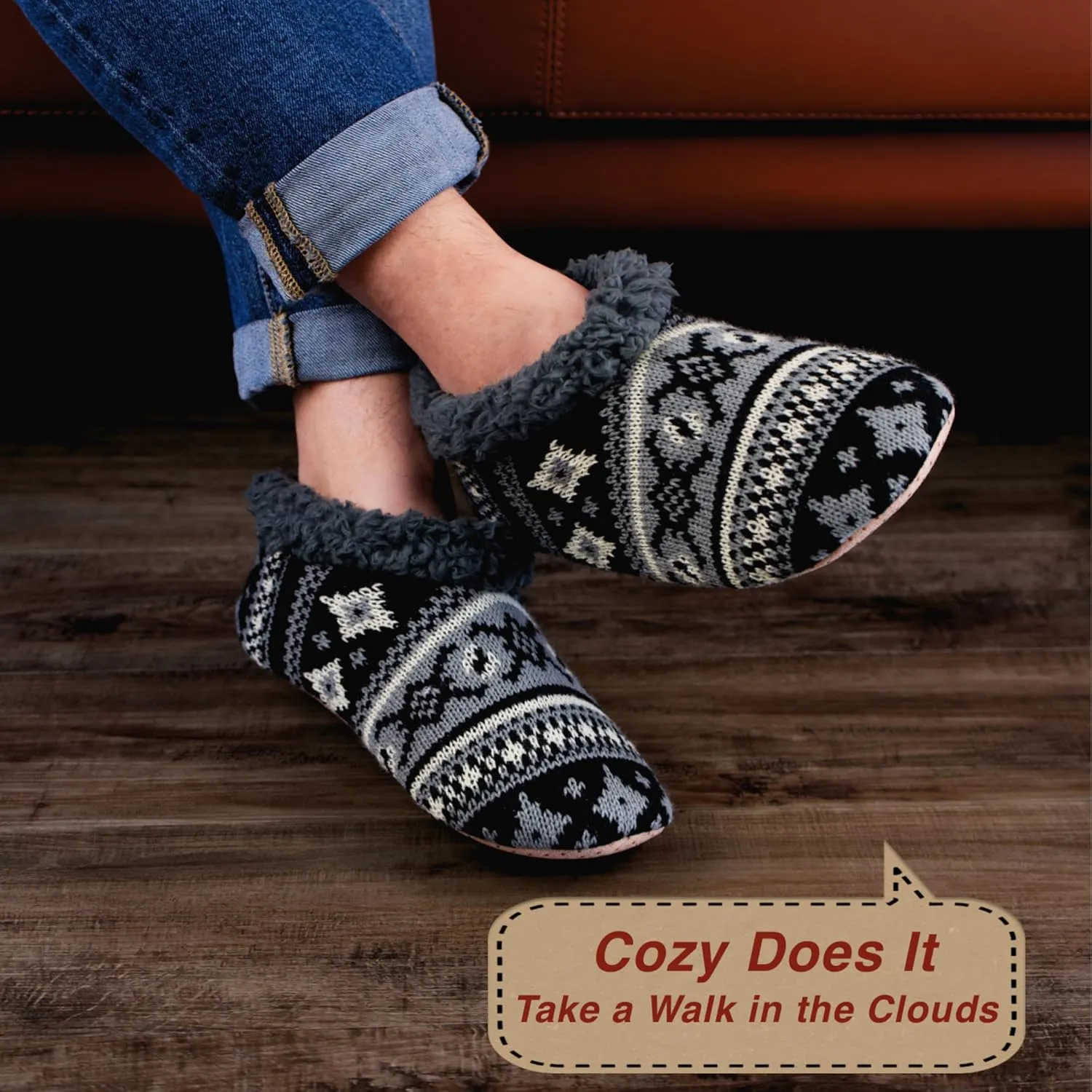 2-Pair Men's Slipper Socks Fluffy Sherpa Lined, Winter Cable Knit Warm Gripper Sock Set Non-Skid Soles, Cozy Gifts for Men, Sizes 8-15