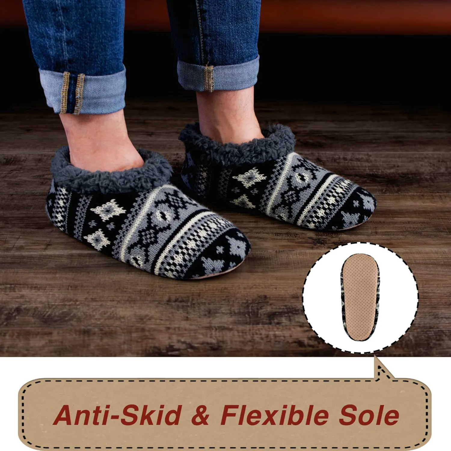 2-Pair Men's Slipper Socks Fluffy Sherpa Lined, Winter Cable Knit Warm Gripper Sock Set Non-Skid Soles, Cozy Gifts for Men, Sizes 8-15