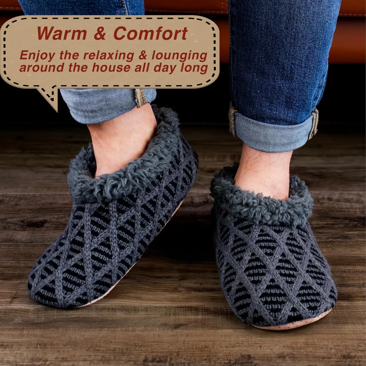 2-Pair Men's Slipper Socks Fluffy Sherpa Lined, Winter Cable Knit Warm Gripper Sock Set Non-Skid Soles, Cozy Gifts for Men, Sizes 8-15