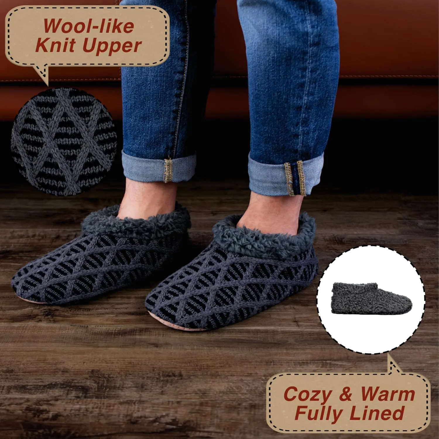 2-Pair Men's Slipper Socks Fluffy Sherpa Lined, Winter Cable Knit Warm Gripper Sock Set Non-Skid Soles, Cozy Gifts for Men, Sizes 8-15