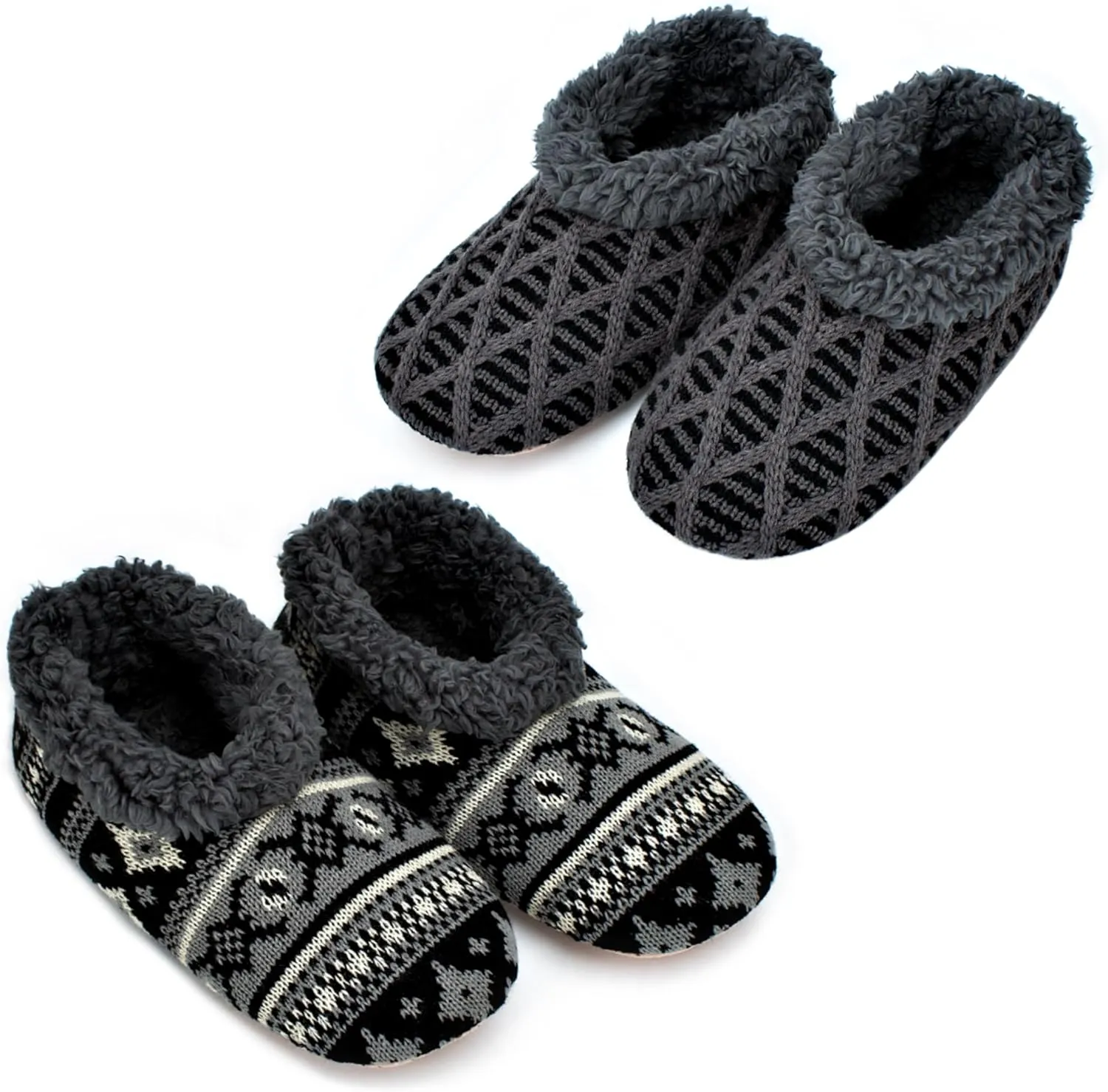 2-Pair Men's Slipper Socks Fluffy Sherpa Lined, Winter Cable Knit Warm Gripper Sock Set Non-Skid Soles, Cozy Gifts for Men, Sizes 8-15
