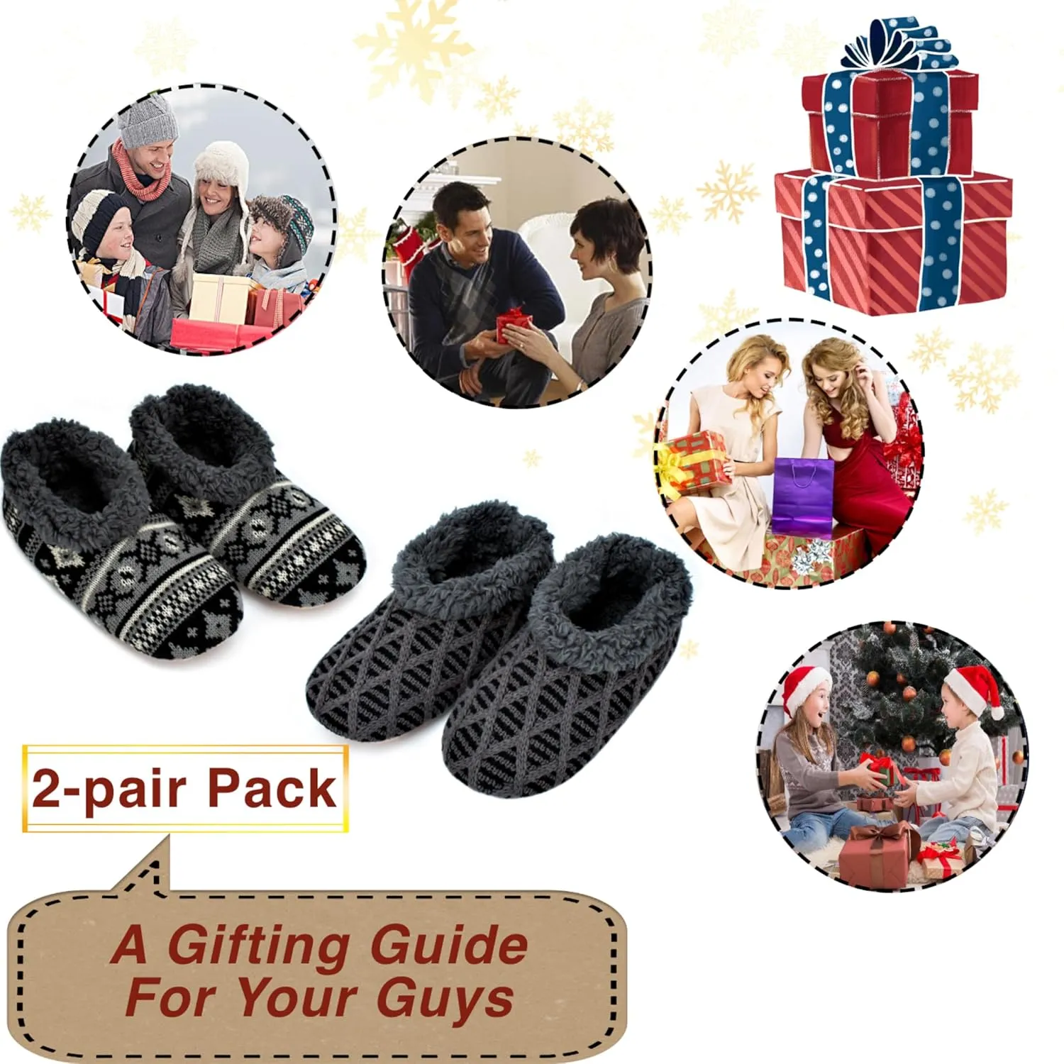 2-Pair Men's Slipper Socks Fluffy Sherpa Lined, Winter Cable Knit Warm Gripper Sock Set Non-Skid Soles, Cozy Gifts for Men, Sizes 8-15