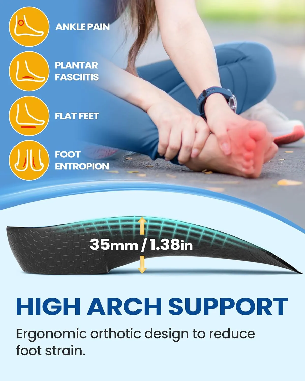 3/4 Arch Support Insoles for Women/Men,QBK Orthotics Shoe Insoles High Arch Supports Shoe Insoles for Plantar Fasciitis, Flat Feet, Over-Pronation,Height Increase Insoles, Heel Cushion Inserts，M