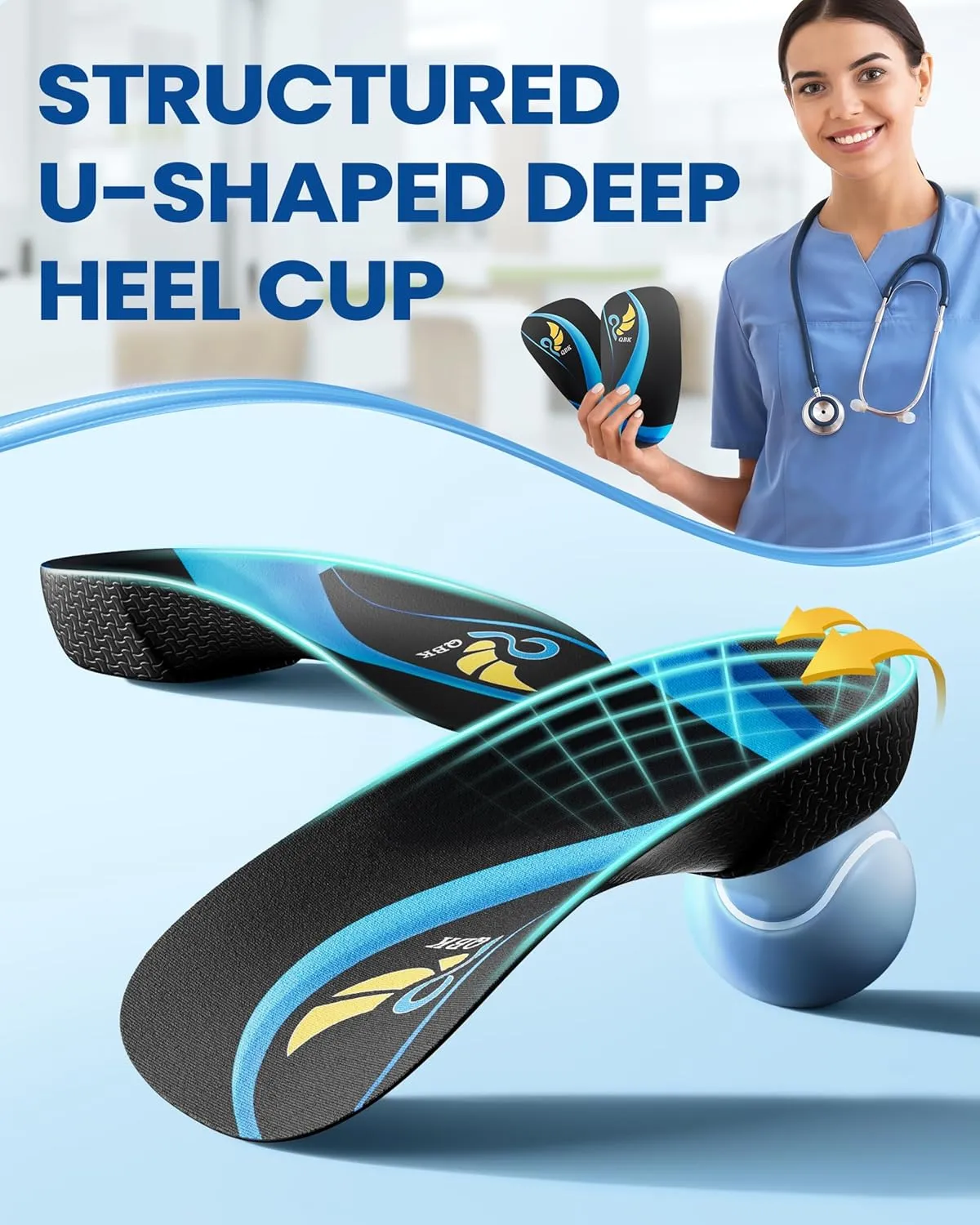 3/4 Arch Support Insoles for Women/Men,QBK Orthotics Shoe Insoles High Arch Supports Shoe Insoles for Plantar Fasciitis, Flat Feet, Over-Pronation,Height Increase Insoles, Heel Cushion Inserts，M