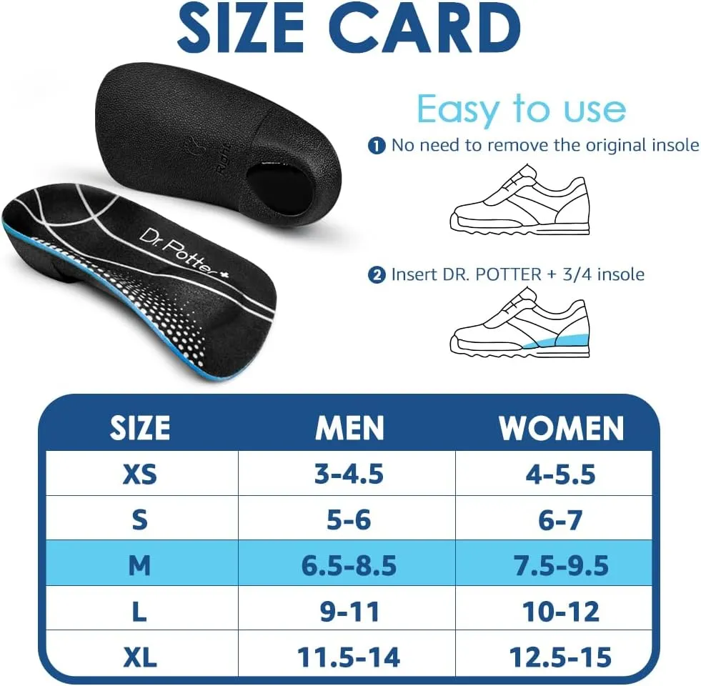 3/4 Plantar Fasciitis Insoles, High Arch Support Inserts for Flat Feet, Over-Pronation and Foot Pain, Metatarsal Support Insoles for Metatarsalgia (Medium(Men's 6.5-8.5, Women's 7.5-9.5))