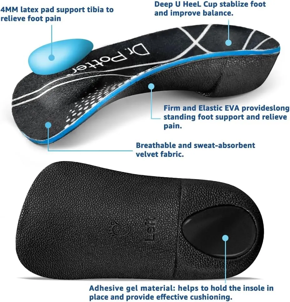 3/4 Plantar Fasciitis Insoles, High Arch Support Inserts for Flat Feet, Over-Pronation and Foot Pain, Metatarsal Support Insoles for Metatarsalgia (Medium(Men's 6.5-8.5, Women's 7.5-9.5))