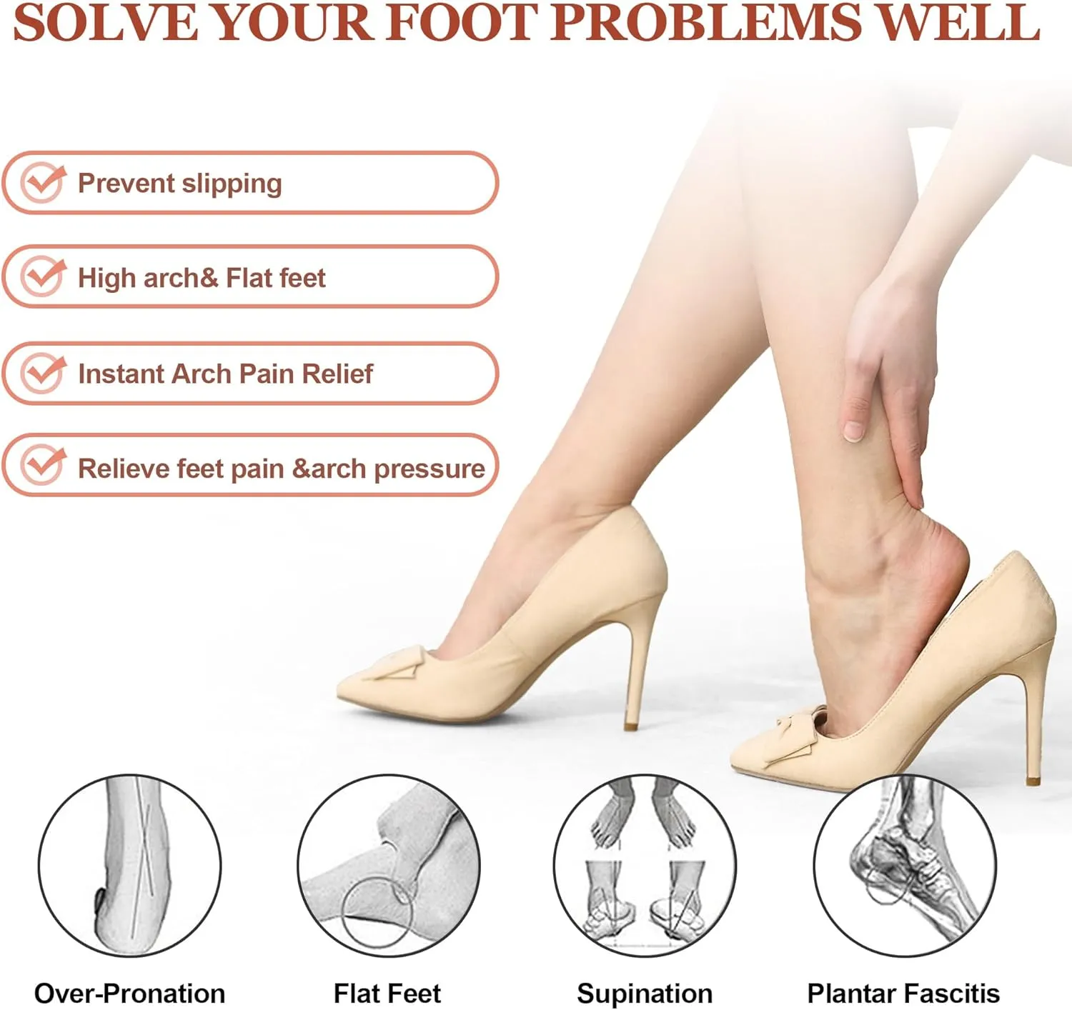 6 Pairs Arch Support Inserts for Women & Men, Reusable Arch Support Cushions for Plantar Fasciitis Relief, Shoe Insoles for Flat Feet, Sandals, Heels, Work Shoes
