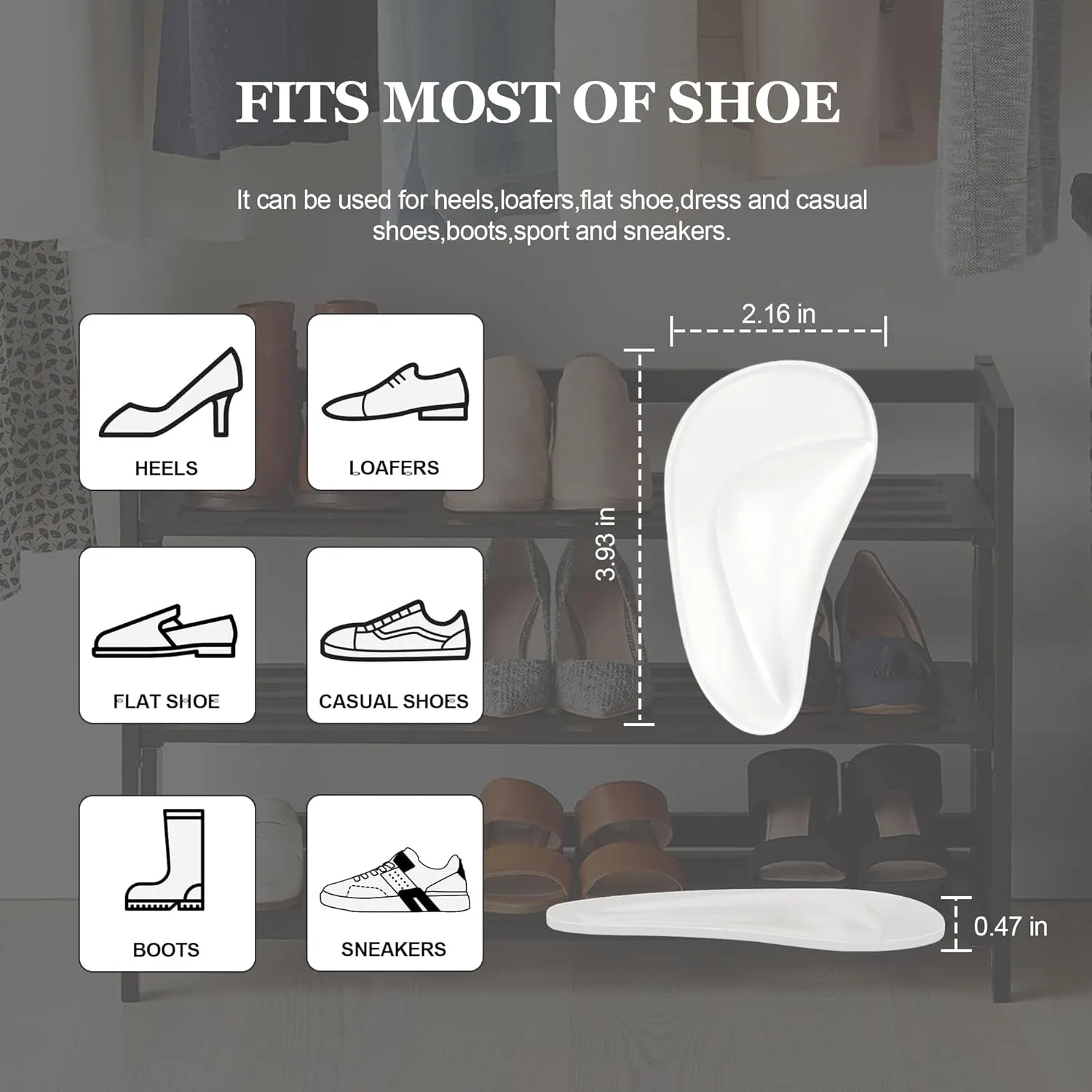 6 Pairs Arch Support Inserts for Women & Men, Reusable Arch Support Cushions for Plantar Fasciitis Relief, Shoe Insoles for Flat Feet, Sandals, Heels, Work Shoes