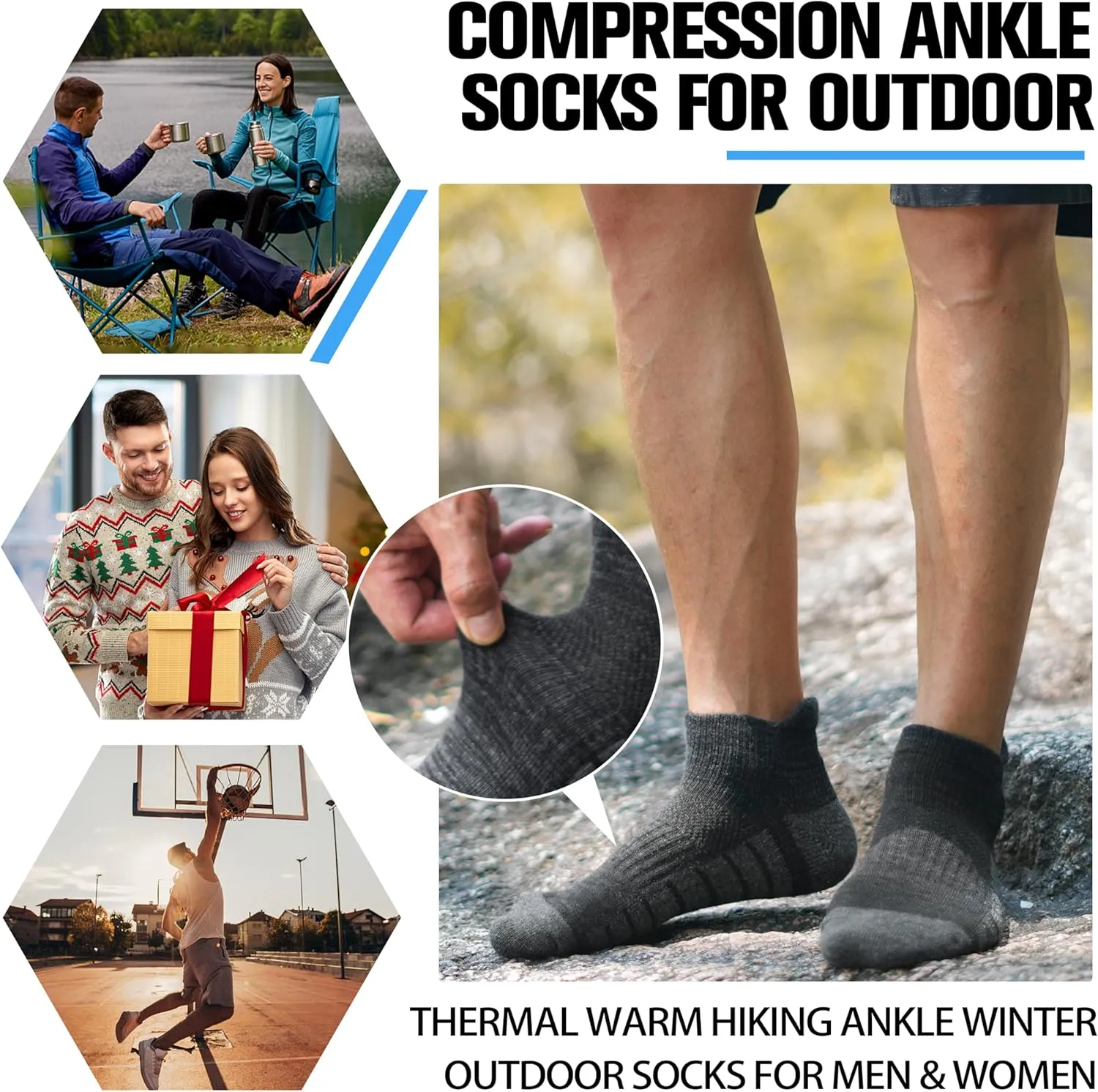 6 Pairs Merino Wool Ankle Hiking Running Socks Compression Support Thick Athletic Low Cut Socks for Women Men
