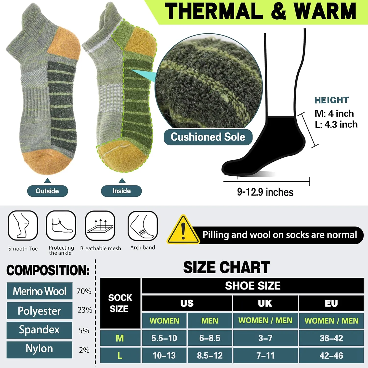 6 Pairs Merino Wool Ankle Hiking Running Socks Compression Support Thick Athletic Low Cut Socks for Women Men