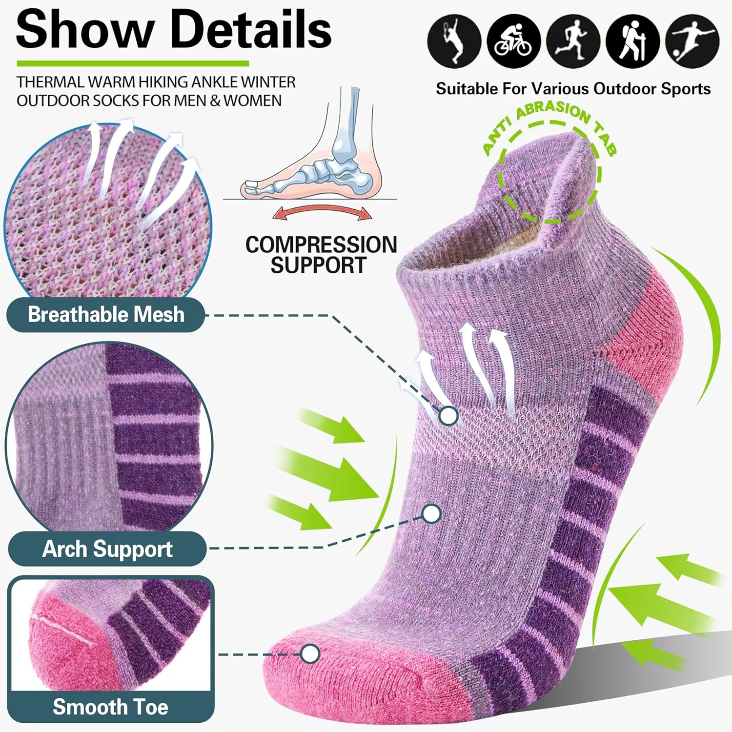 6 Pairs Merino Wool Ankle Hiking Running Socks Compression Support Thick Athletic Low Cut Socks for Women Men