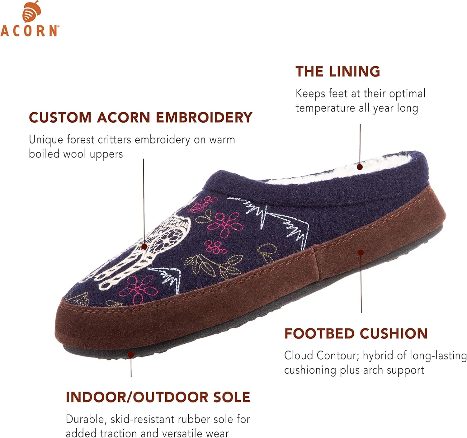 Acorn Womens Slipper with Berber Lining, Suede Siding and Durable Non-Slip Indoor/Outdoor Sole