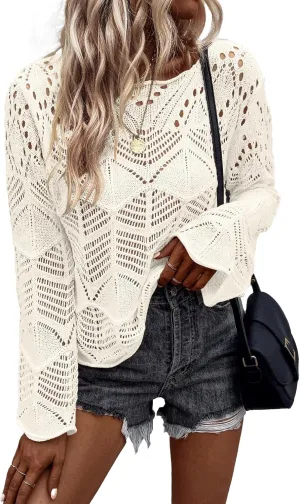 Allimy Womens Long Sleeve Hollow Out Crochet Crewneck Knitted Top Blouses Cover Up