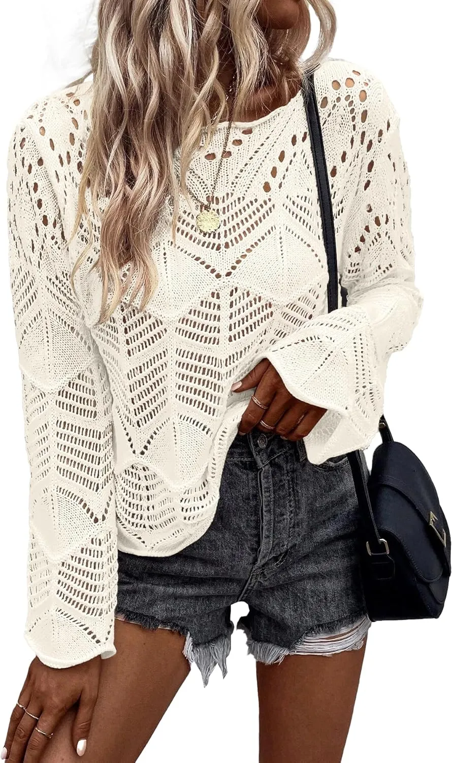 Allimy Womens Long Sleeve Hollow Out Crochet Crewneck Knitted Top Blouses Cover Up