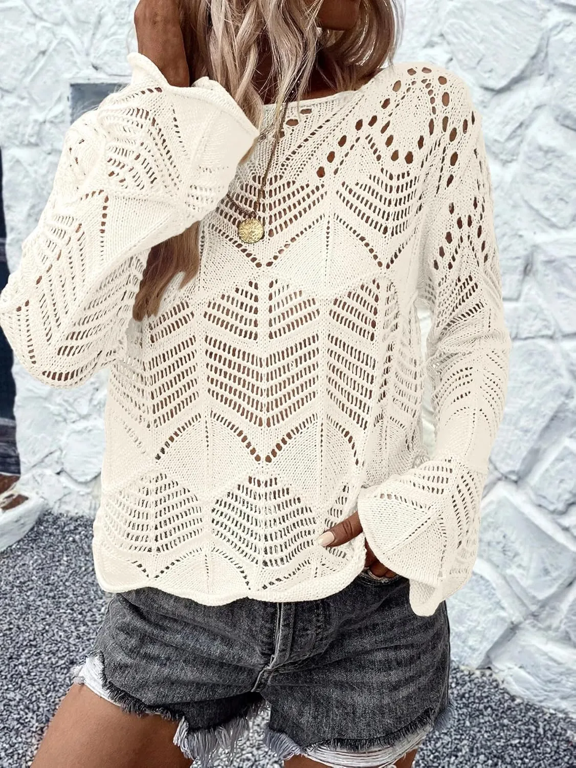 Allimy Womens Long Sleeve Hollow Out Crochet Crewneck Knitted Top Blouses Cover Up