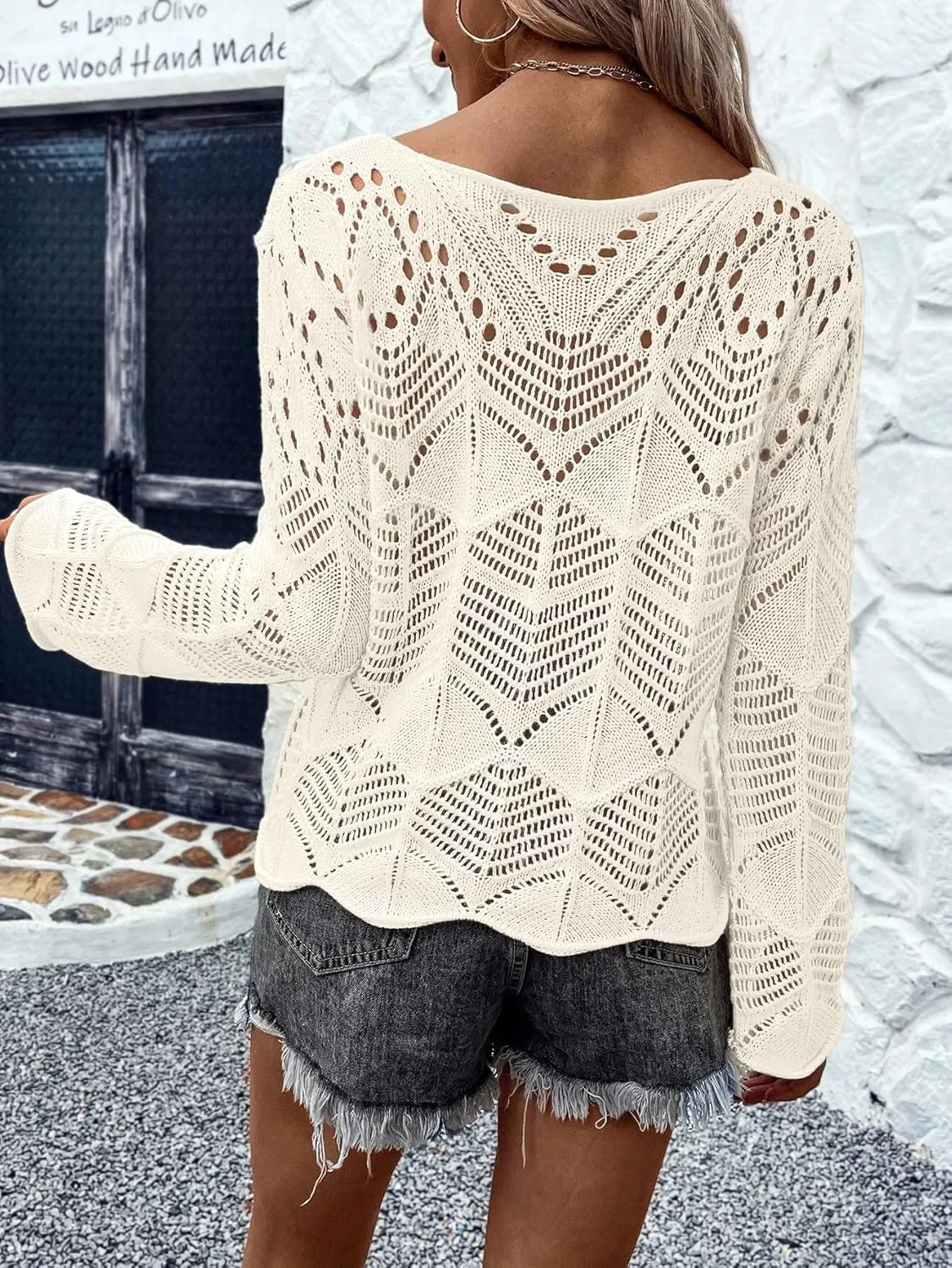 Allimy Womens Long Sleeve Hollow Out Crochet Crewneck Knitted Top Blouses Cover Up
