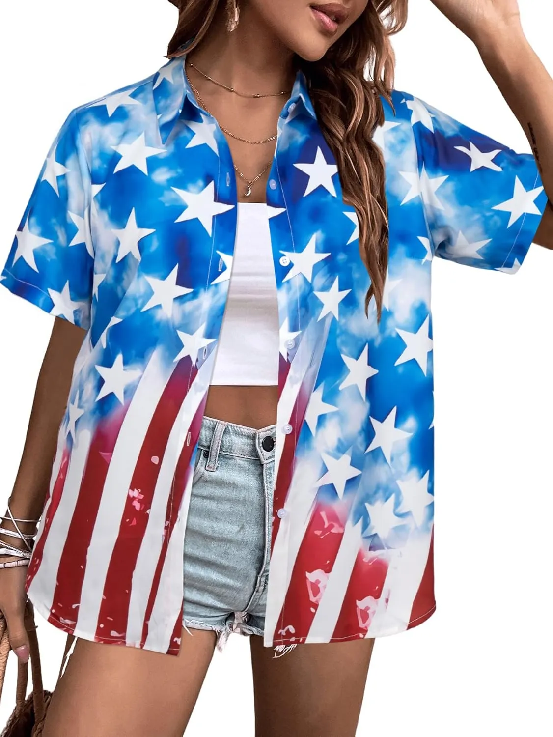 American Flag Shirt Patriotic T-Shirt: Women 4th of July Tops USA Red White Blue Tee Memorial Day Button Down Shirts