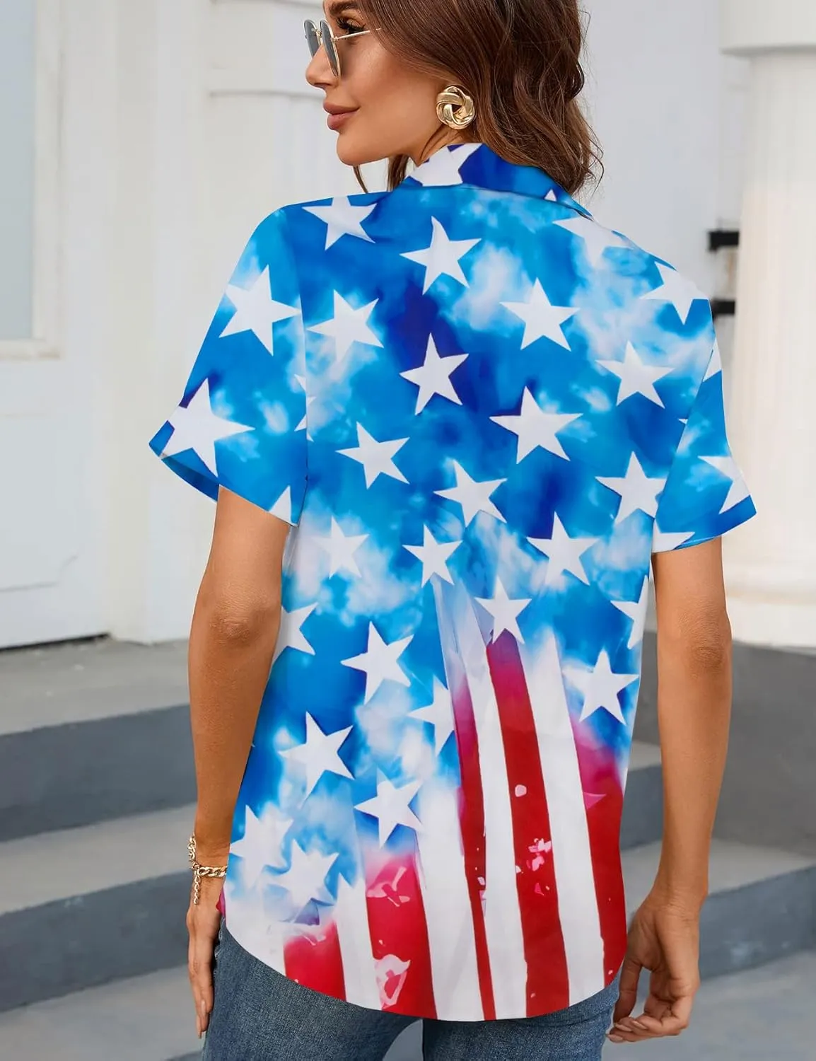 American Flag Shirt Patriotic T-Shirt: Women 4th of July Tops USA Red White Blue Tee Memorial Day Button Down Shirts
