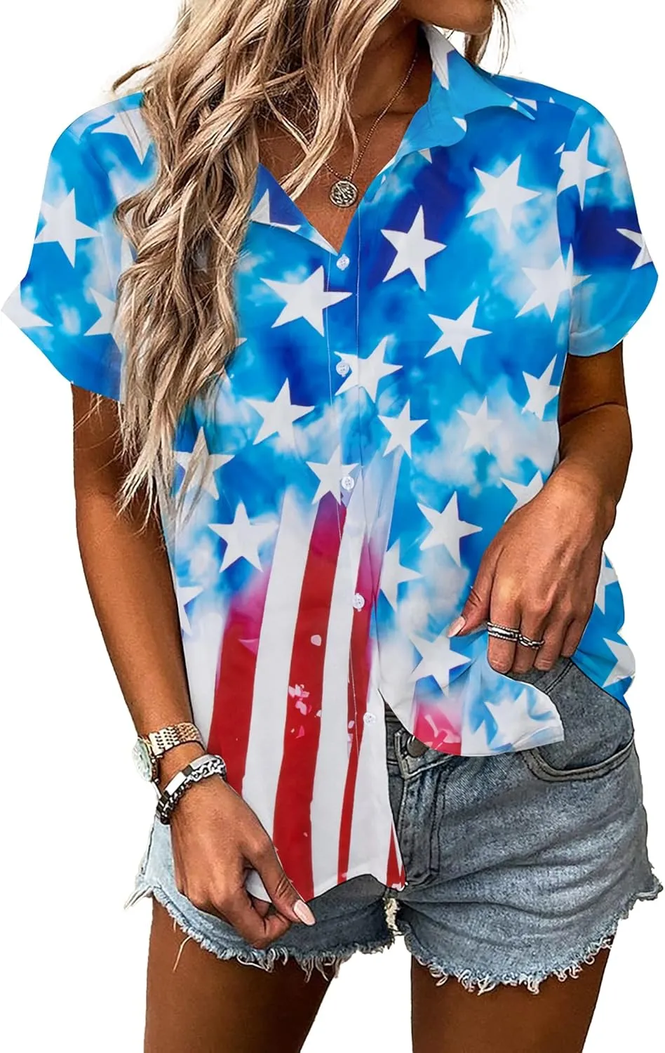 American Flag Shirt Patriotic T-Shirt: Women 4th of July Tops USA Red White Blue Tee Memorial Day Button Down Shirts