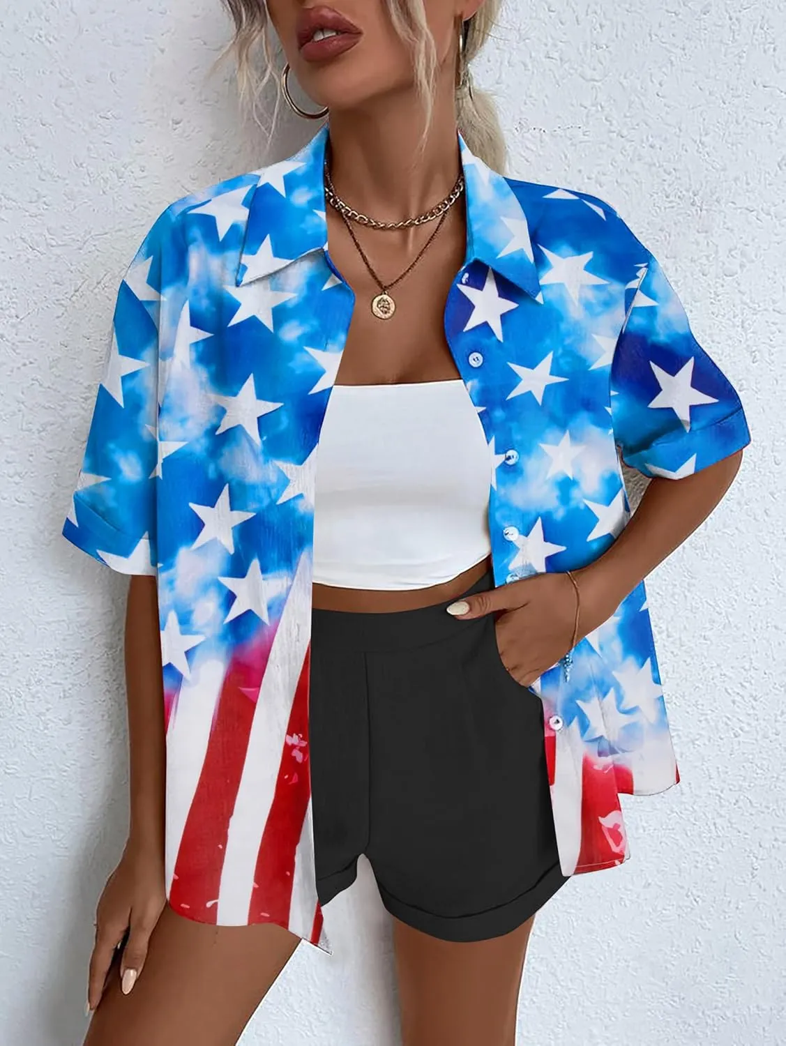 American Flag Shirt Patriotic T-Shirt: Women 4th of July Tops USA Red White Blue Tee Memorial Day Button Down Shirts