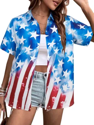American Flag Shirt Patriotic T-Shirt: Women 4th of July Tops USA Red White Blue Tee Memorial Day Button Down Shirts