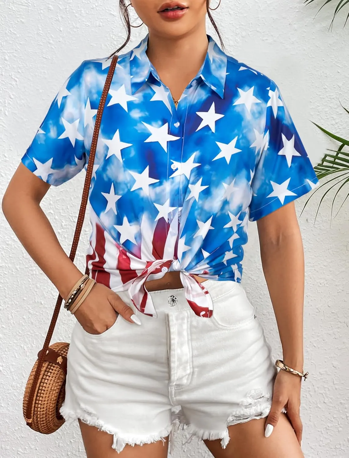 American Flag Shirt Patriotic T-Shirt: Women 4th of July Tops USA Red White Blue Tee Memorial Day Button Down Shirts