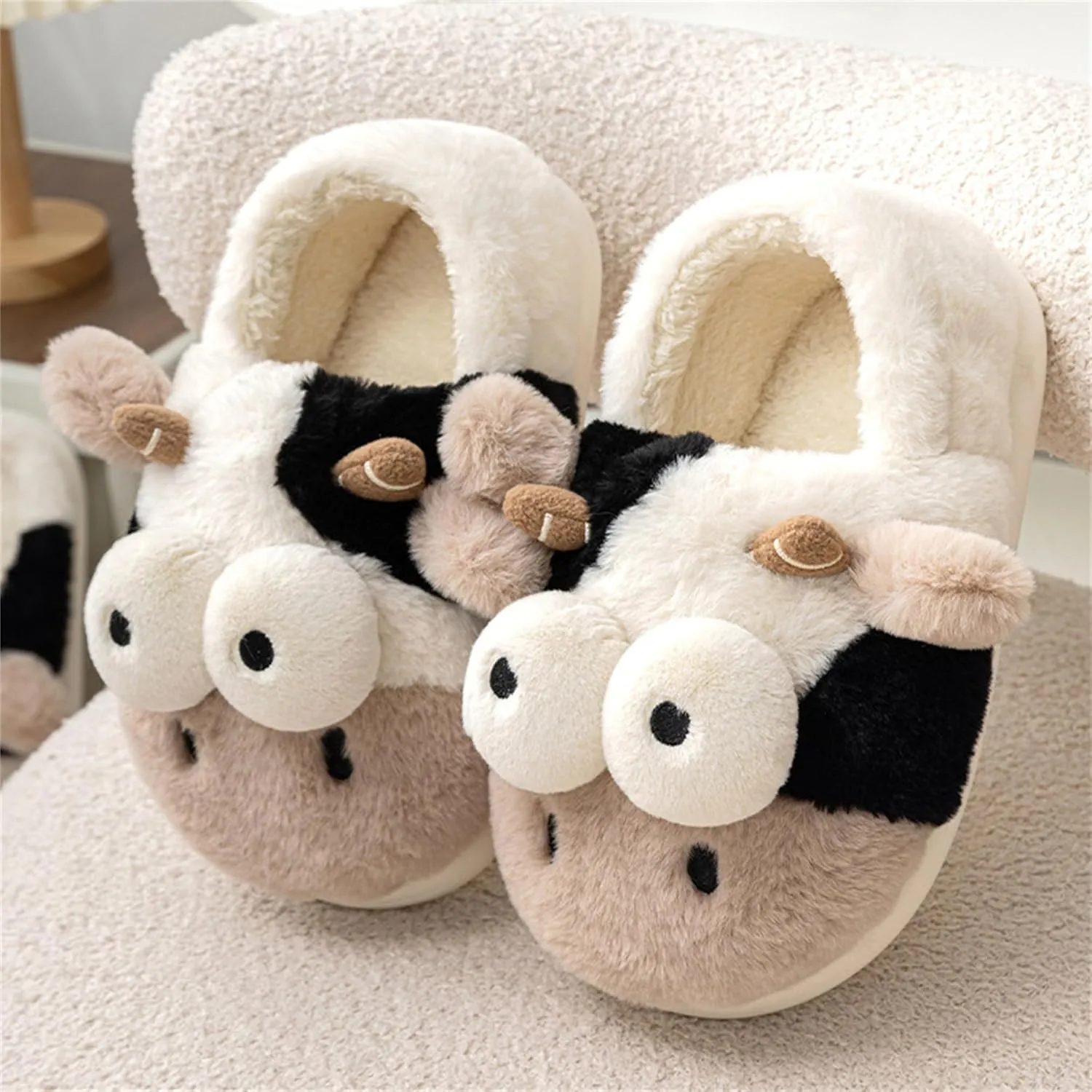 Animal Cow Slippers Women Slippers Men's Cozy Plush House Slippers Warm Winter Cotton Shoes