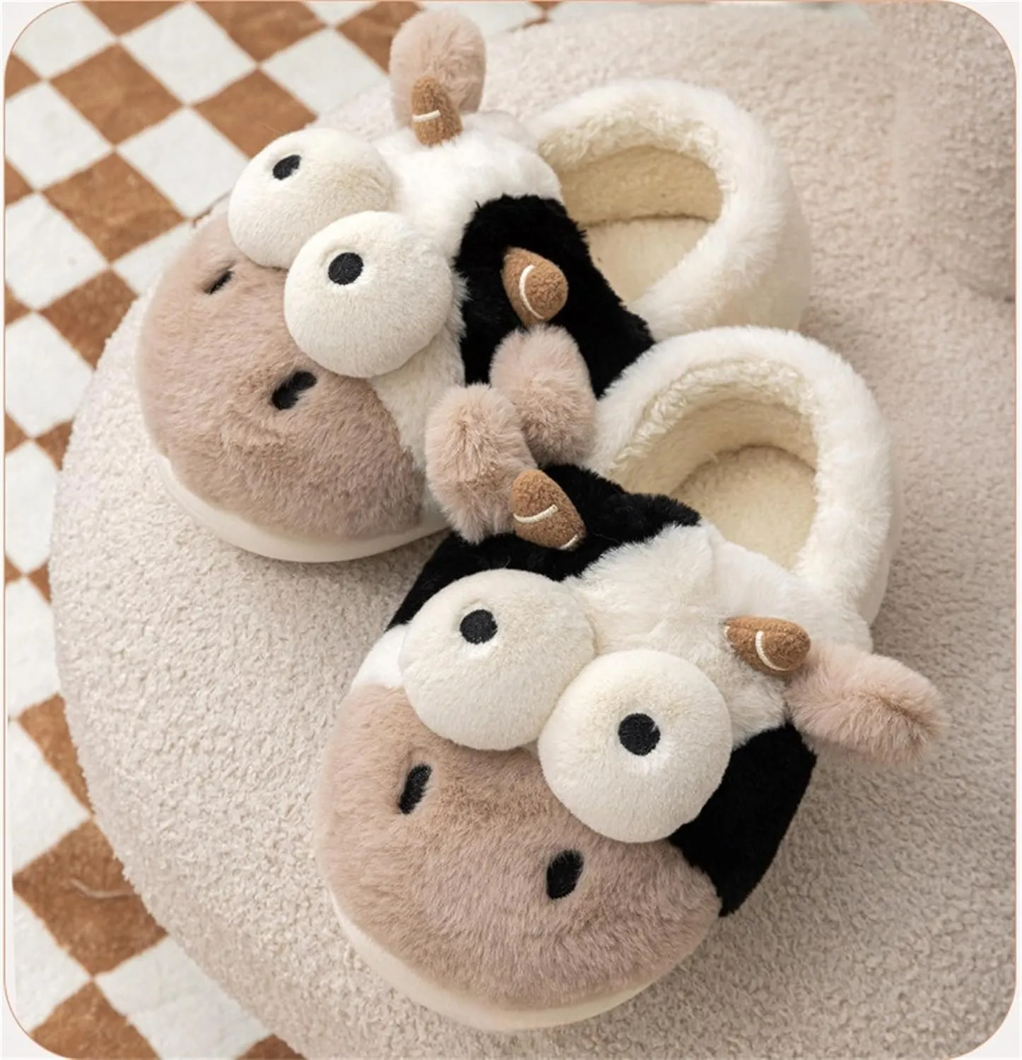 Animal Cow Slippers Women Slippers Men's Cozy Plush House Slippers Warm Winter Cotton Shoes
