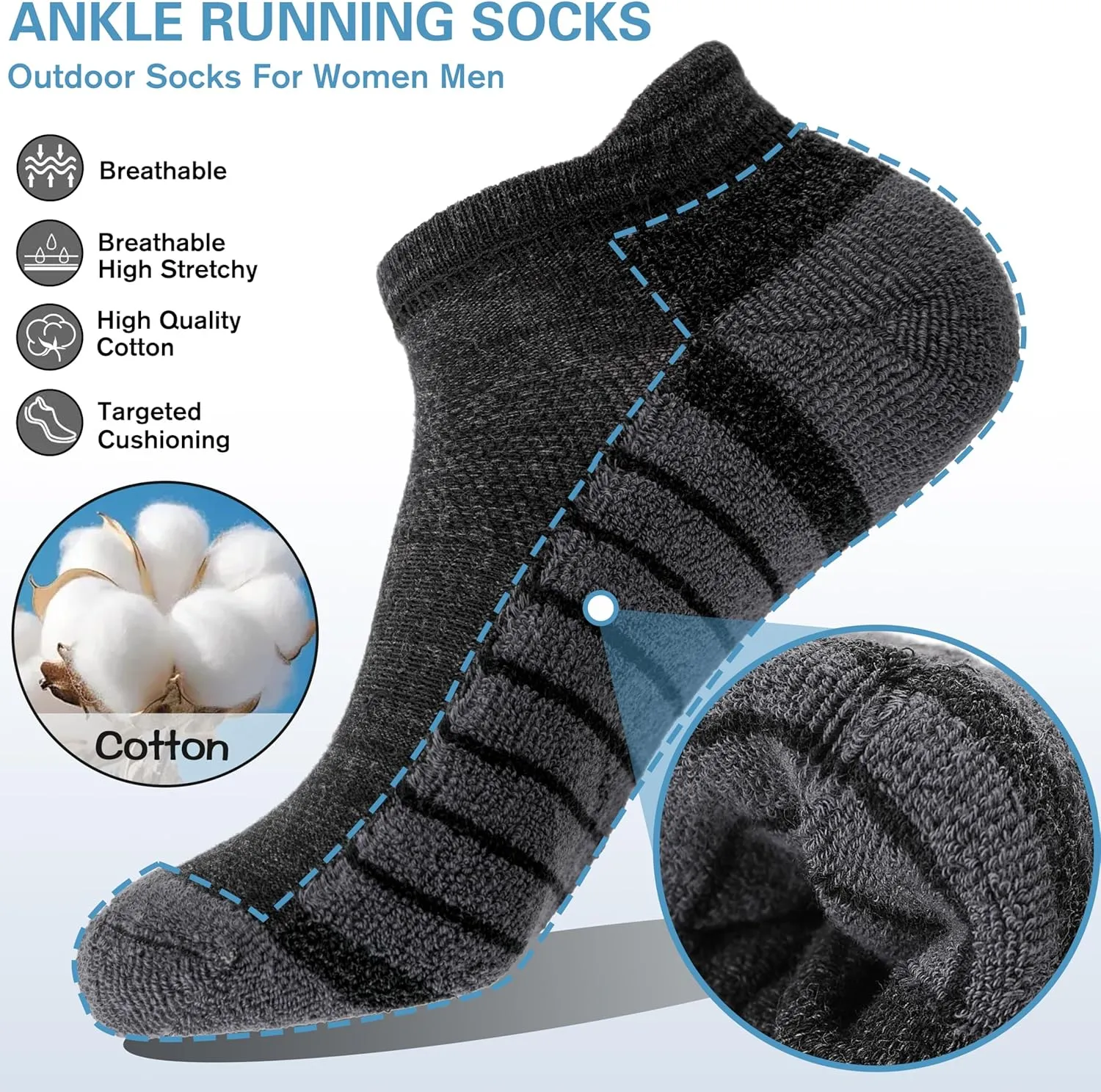 Ankle No Show Running Hiking Athletic Socks Sports Compression Cotton Cushioned Socks 6 Pairs for Women Men