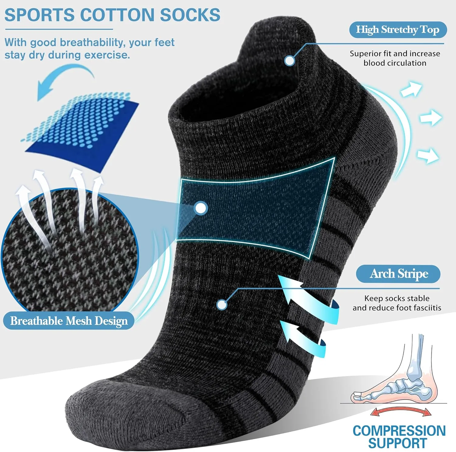 Ankle No Show Running Hiking Athletic Socks Sports Compression Cotton Cushioned Socks 6 Pairs for Women Men