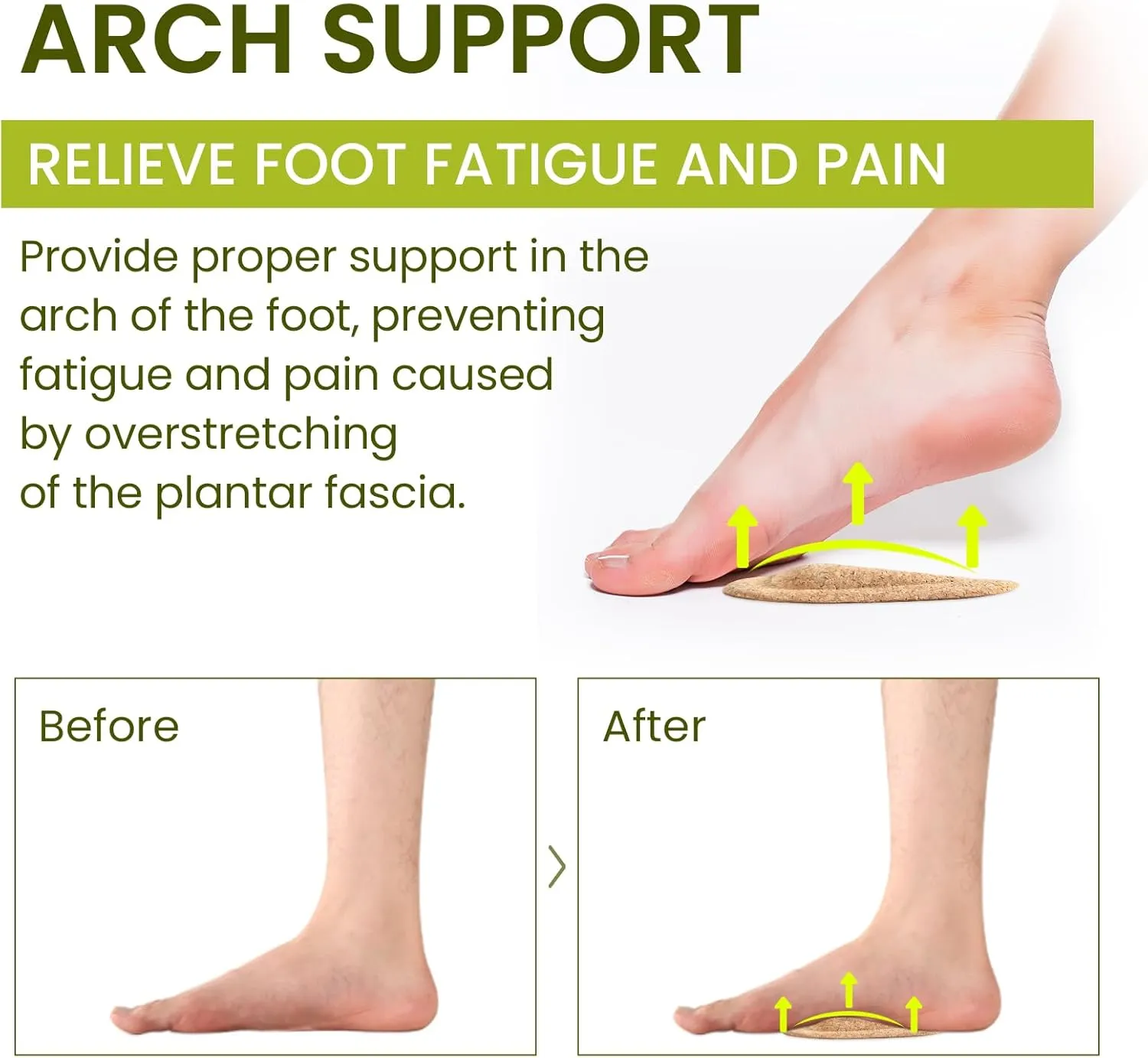 Arch Support Shoe Inserts & Insoles - Bukihome Gel Arch Inserts for Flat Feet, Plantar Fasciitis - Adhesive Arch Pad for Foot Pain Relief - All Day Comfort - 0.47 Inch - 4 Pairs (Cork)