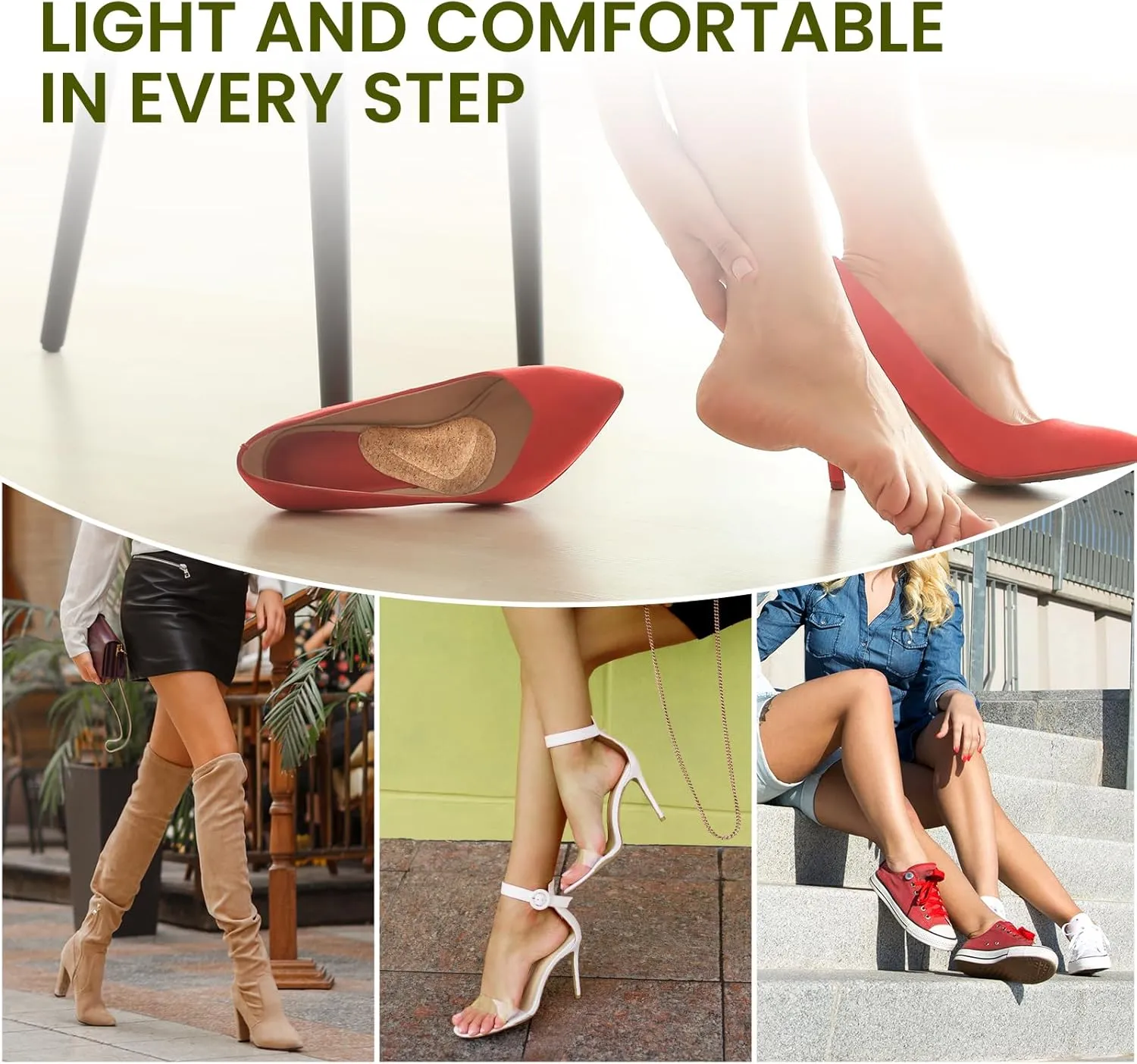 Arch Support Shoe Inserts & Insoles - Bukihome Gel Arch Inserts for Flat Feet, Plantar Fasciitis - Adhesive Arch Pad for Foot Pain Relief - All Day Comfort - 0.47 Inch - 4 Pairs (Cork)