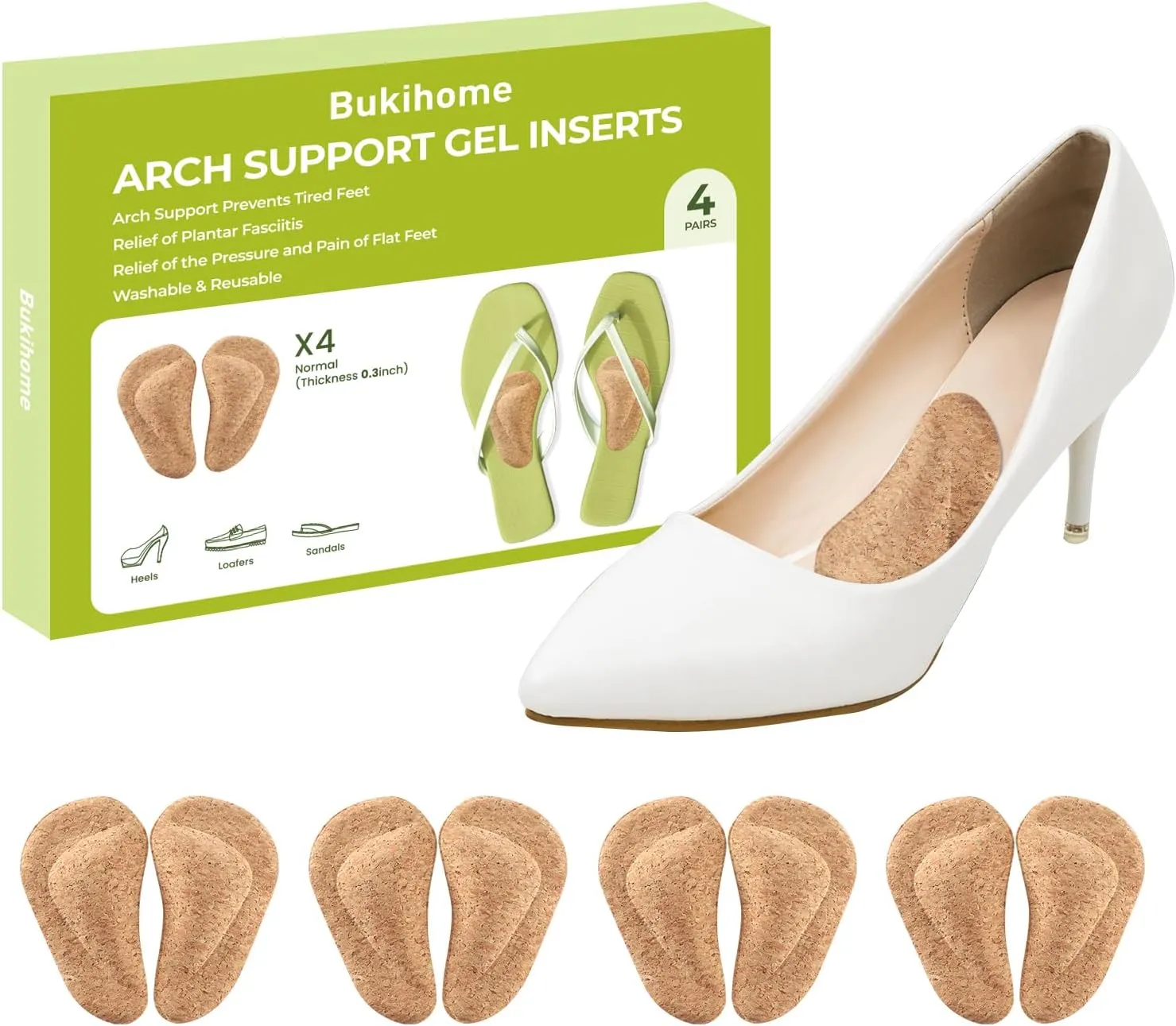 Arch Support Shoe Inserts & Insoles - Bukihome Gel Arch Inserts for Flat Feet, Plantar Fasciitis - Adhesive Arch Pad for Foot Pain Relief - All Day Comfort - 0.47 Inch - 4 Pairs (Cork)
