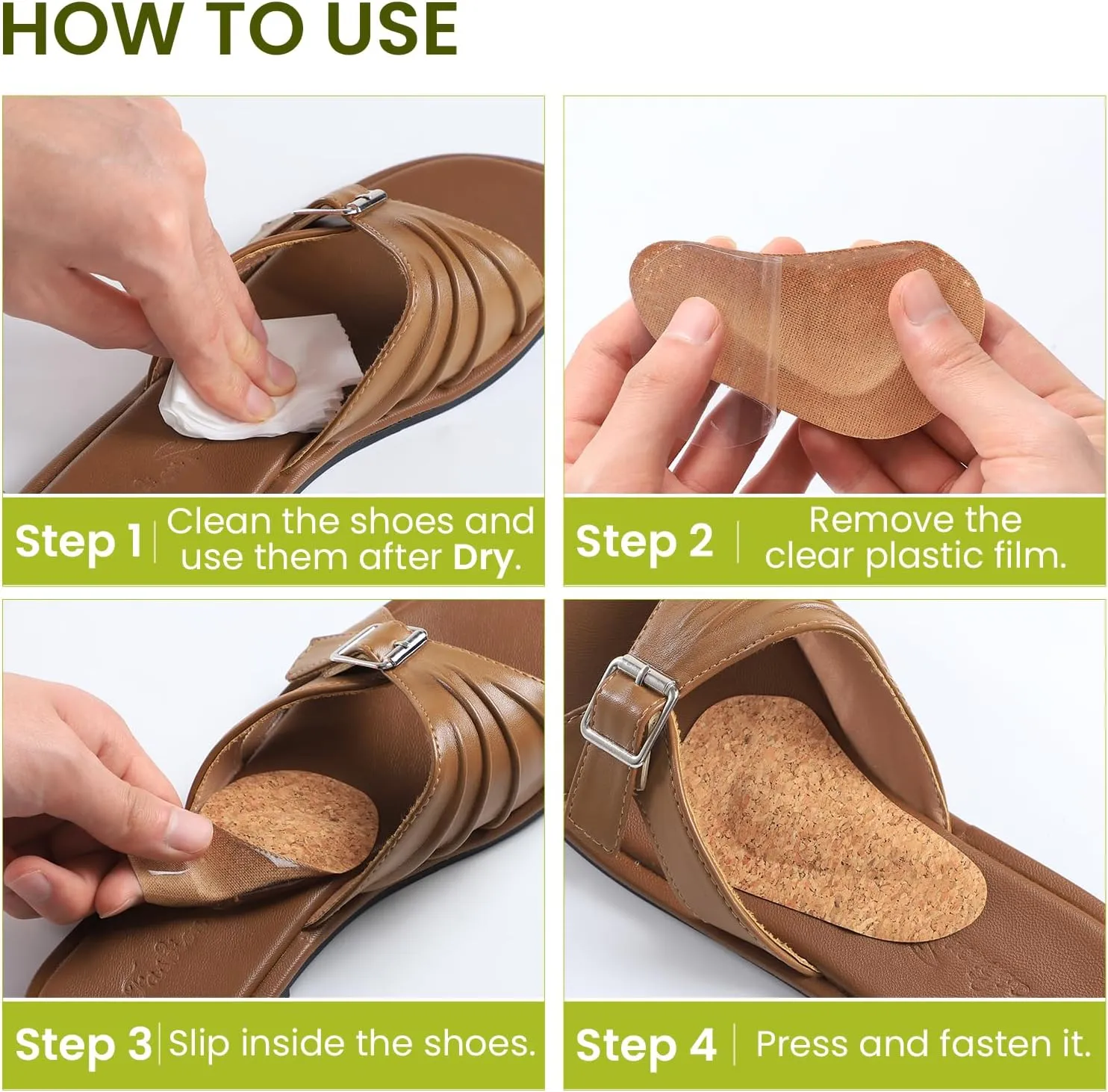 Arch Support Shoe Inserts & Insoles - Bukihome Gel Arch Inserts for Flat Feet, Plantar Fasciitis - Adhesive Arch Pad for Foot Pain Relief - All Day Comfort - 0.47 Inch - 4 Pairs (Cork)