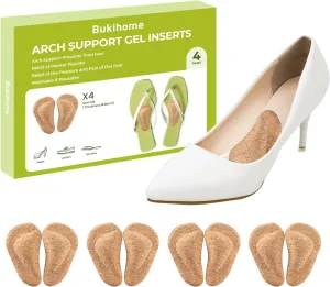 Arch Support Shoe Inserts & Insoles - Bukihome Gel Arch Inserts for Flat Feet, Plantar Fasciitis - Adhesive Arch Pad for Foot Pain Relief - All Day Comfort - 0.47 Inch - 4 Pairs (Cork)