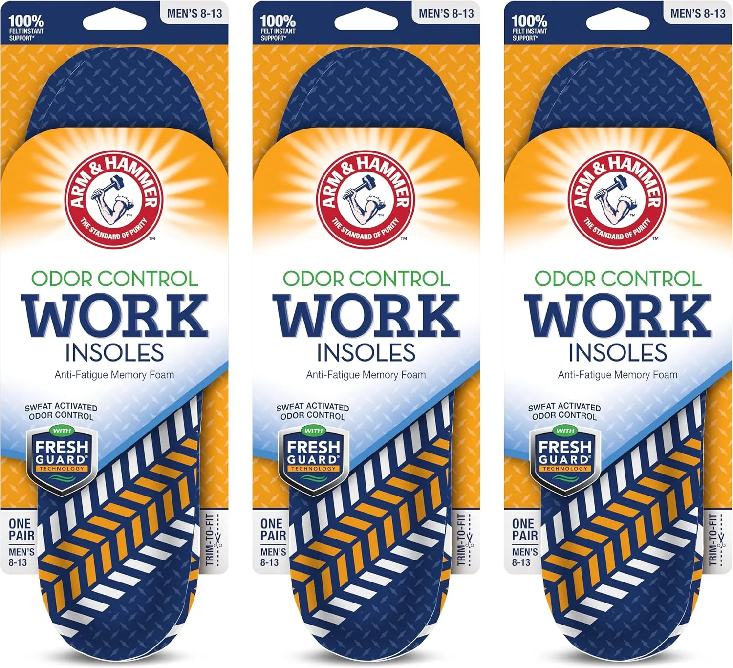 Arm & Hammer Work Boot Insoles for Men and Women - Anti-Fatigue Arch Support Memory Foam Inserts (3 Pack)
