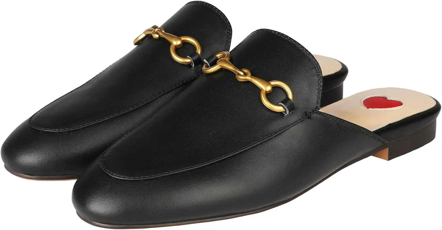Arqa Mules for Women Almond Toe Leather Flats Slip-on Comfort Backless Loafers Buckle Mule Shoes